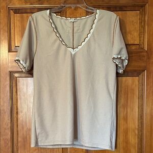 POL Tan Short Sleeve Top with Lace Accents